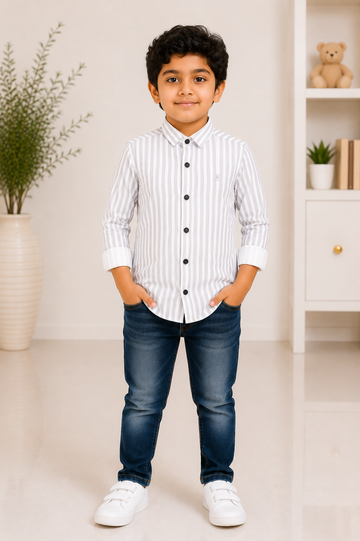 Boys grey and white striped full-sleeve cotton shirt