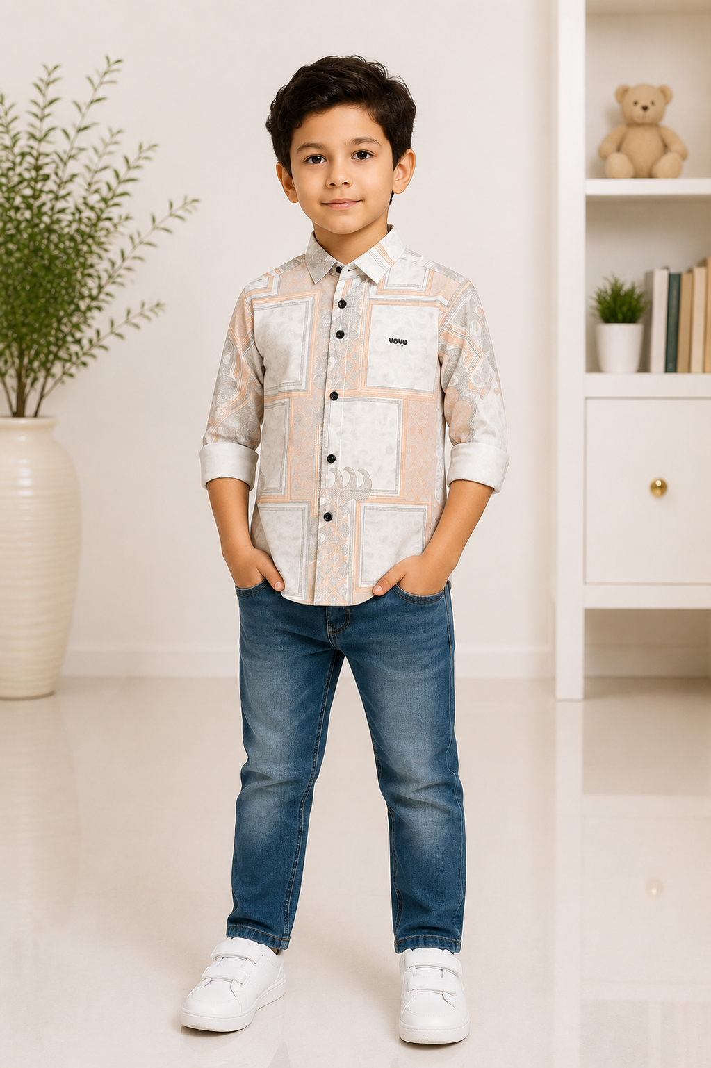 Boys designer printed full-sleeve cotton shirt with pastel accents