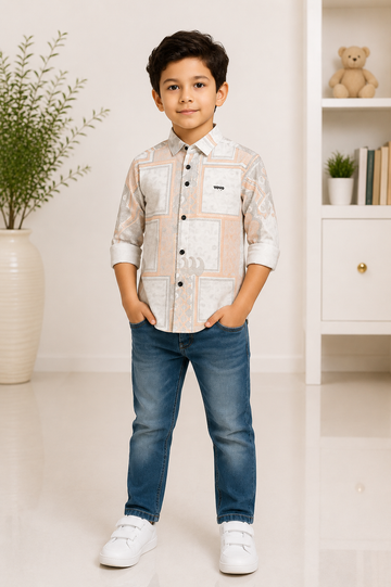 Boys designer printed full-sleeve cotton shirt with pastel accents