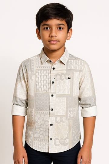 Beige and Grey Printed Full Sleeve Cotton Shirt - Inayah Fashion