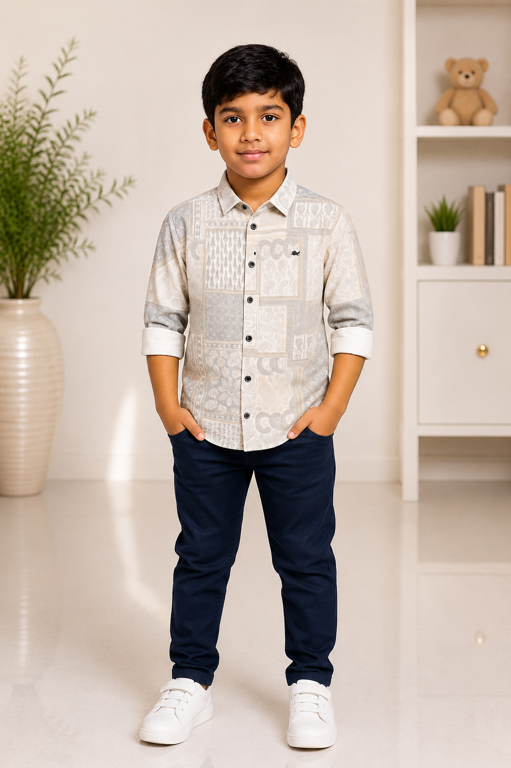 Boys beige and grey printed full-sleeve cotton shirt