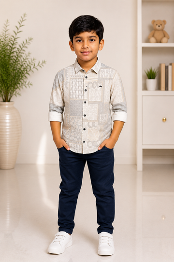 Boys beige and grey printed full-sleeve cotton shirt