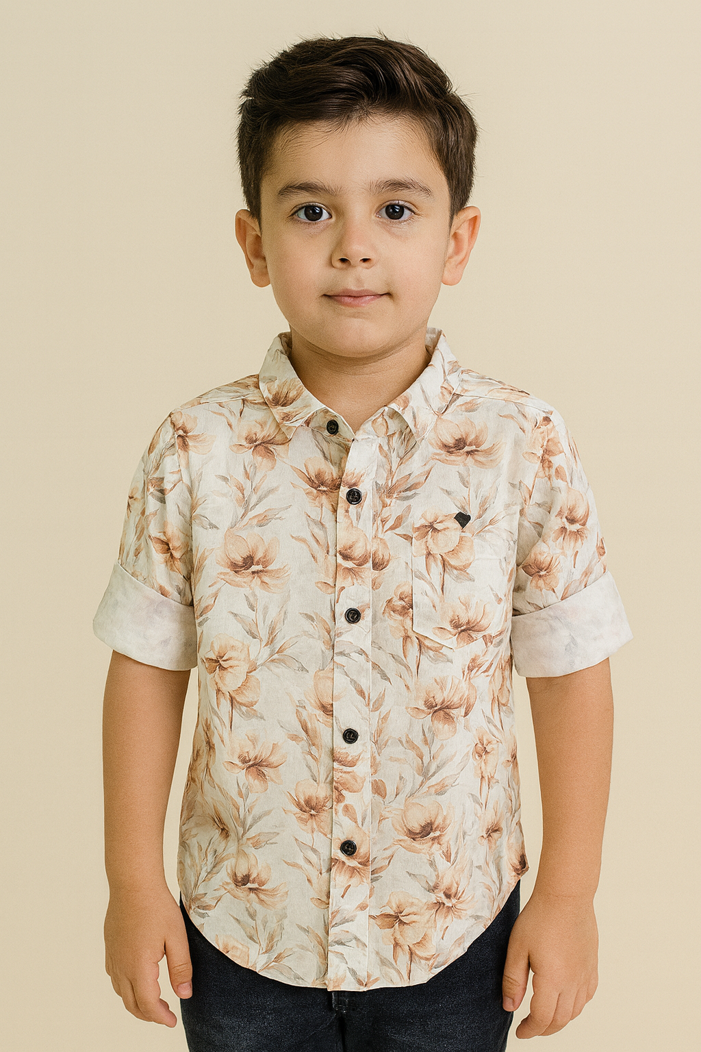 Beige Floral Printed Half Sleeve Cotton Shirt - Inayah Fashion