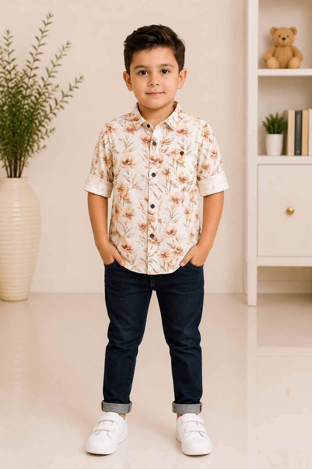 Boys beige floral printed half-sleeve cotton shirt