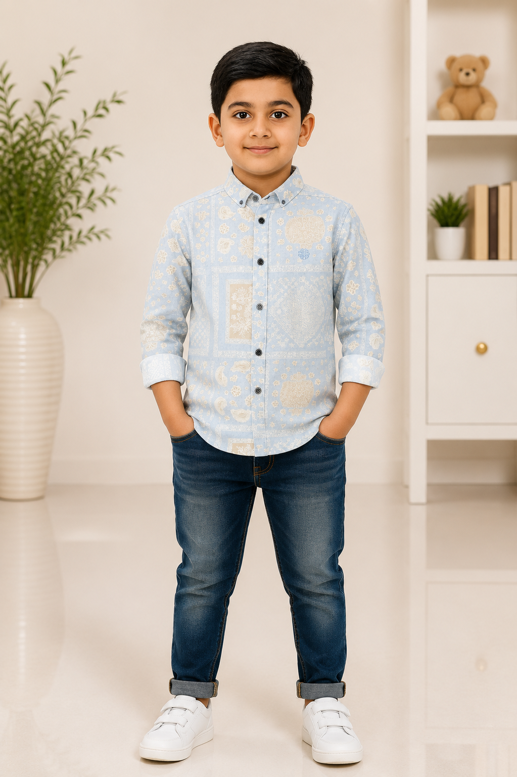 Boys light blue printed full-sleeve cotton shirt