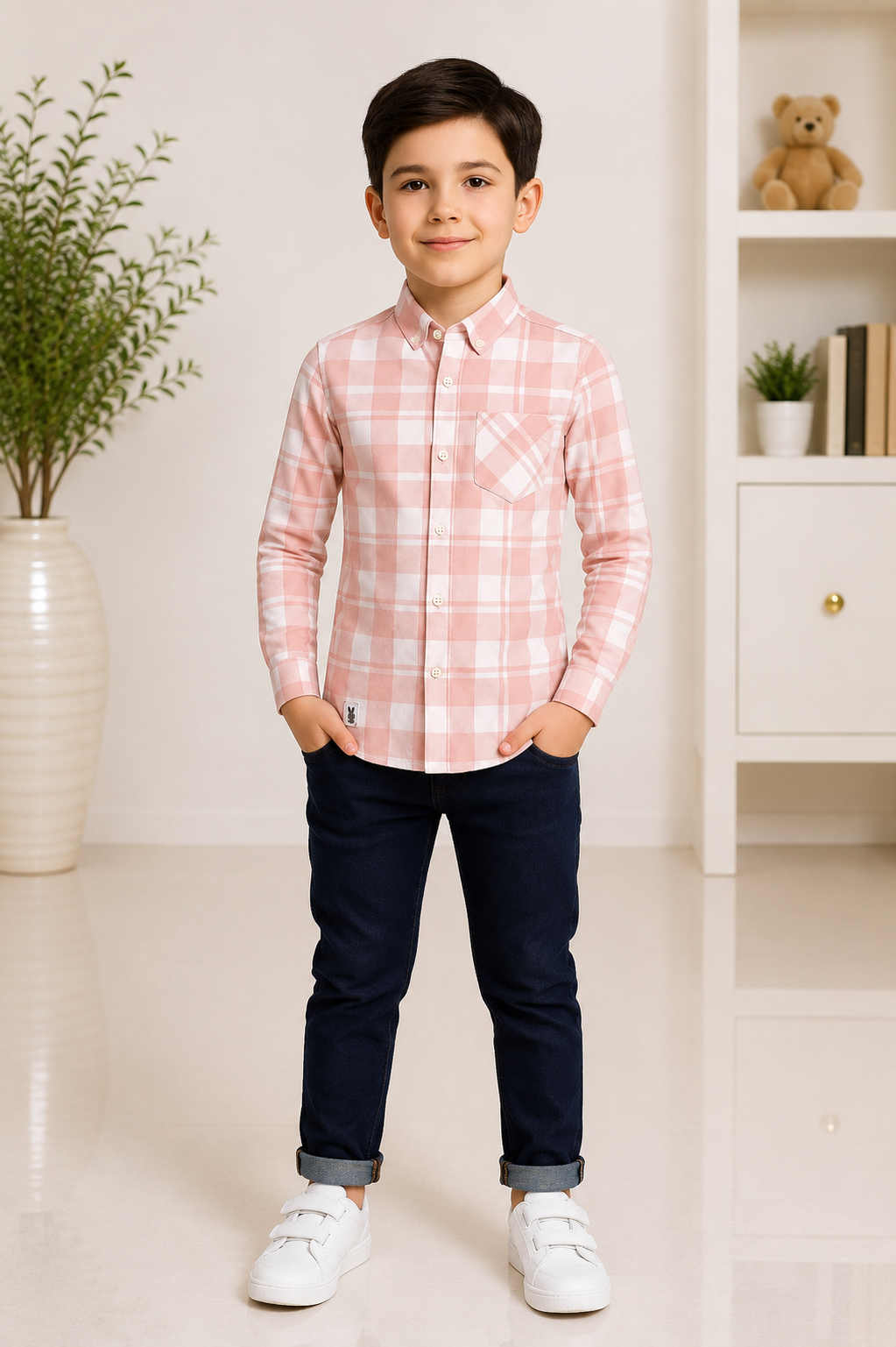 Boys pink and white checked full-sleeve cotton shirt