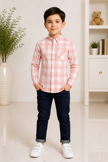 Boys pink and white checked full-sleeve cotton shirt
