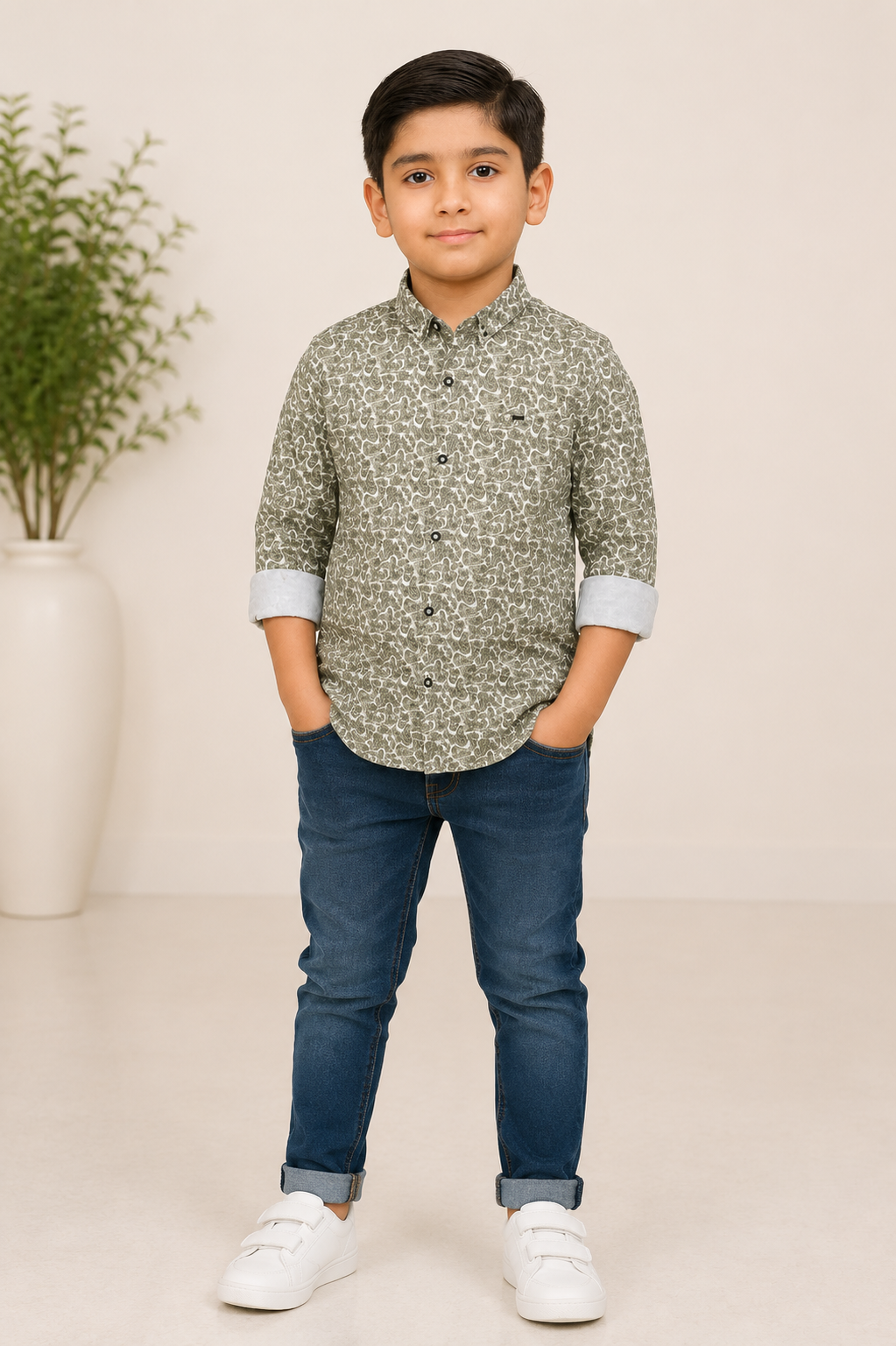 Boys olive green printed cotton shirt