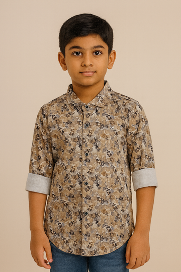 Beige & Brown Printed Cotton Shirt for Boys