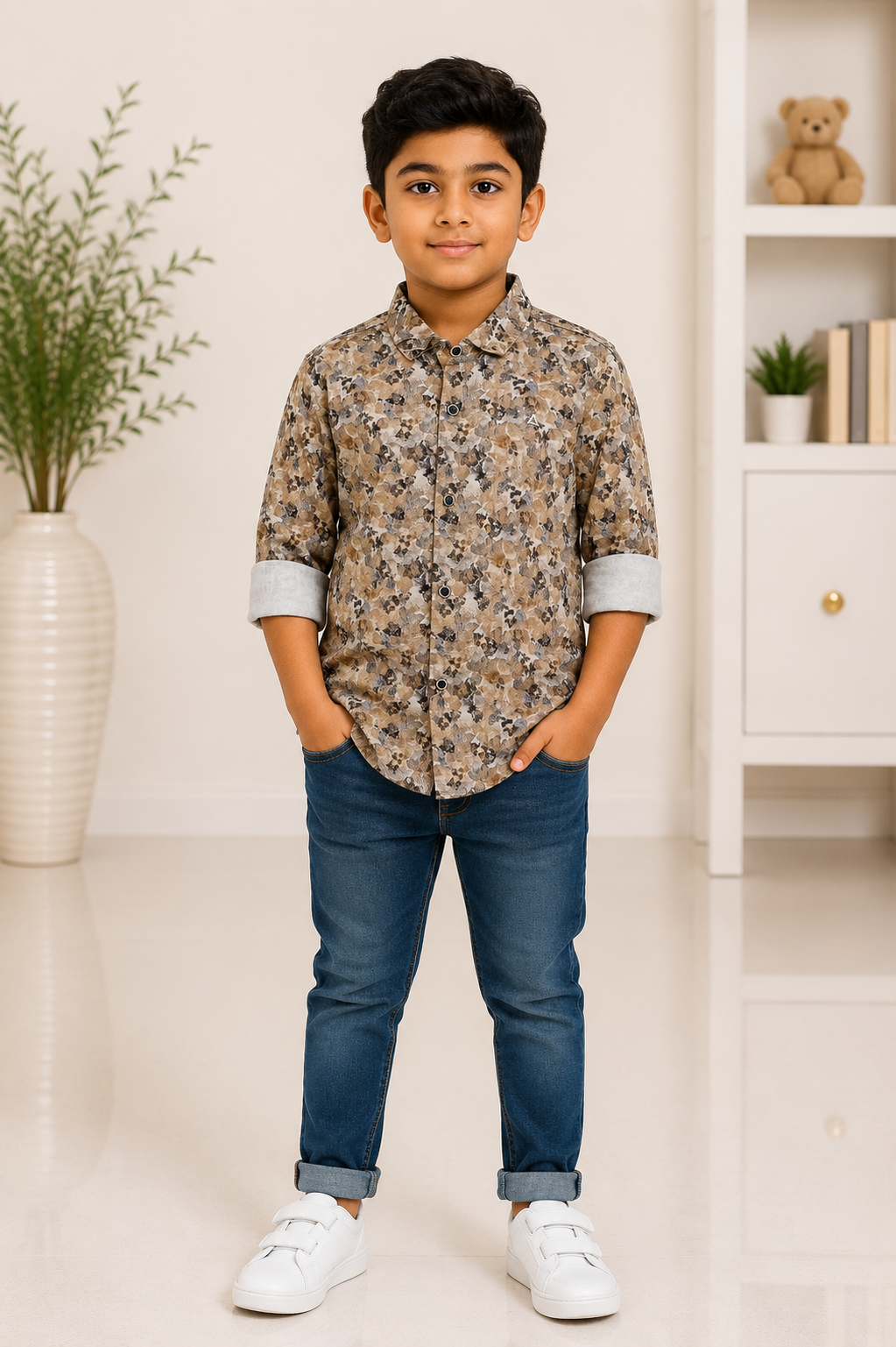 Boys beige and brown printed cotton shirt