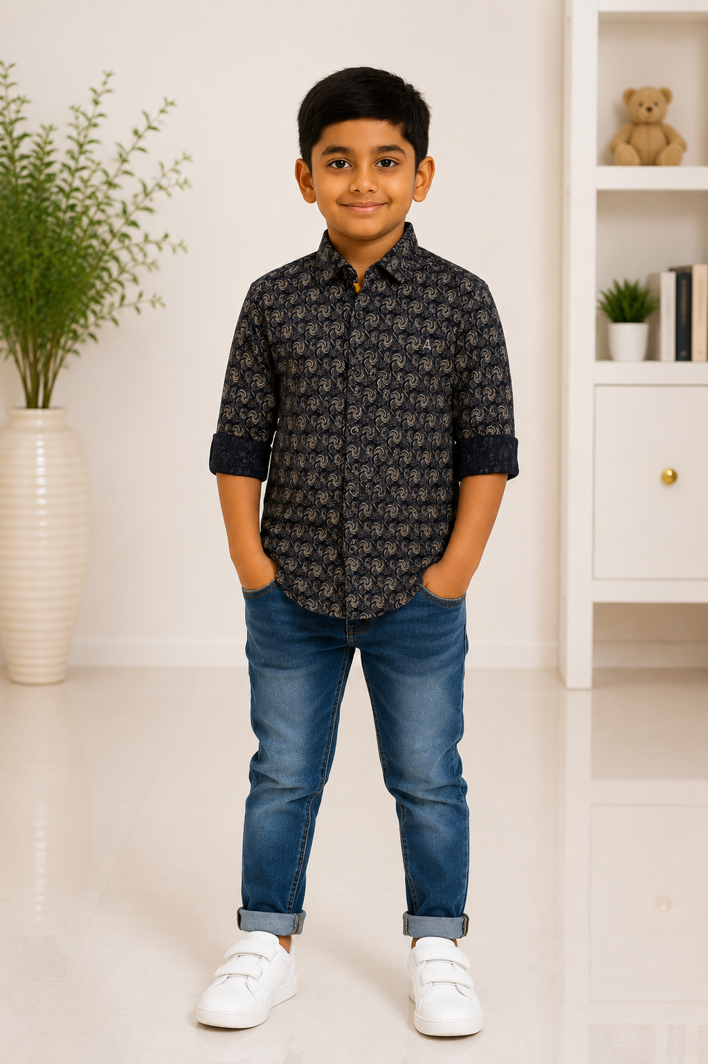 Boys navy blue printed cotton shirt