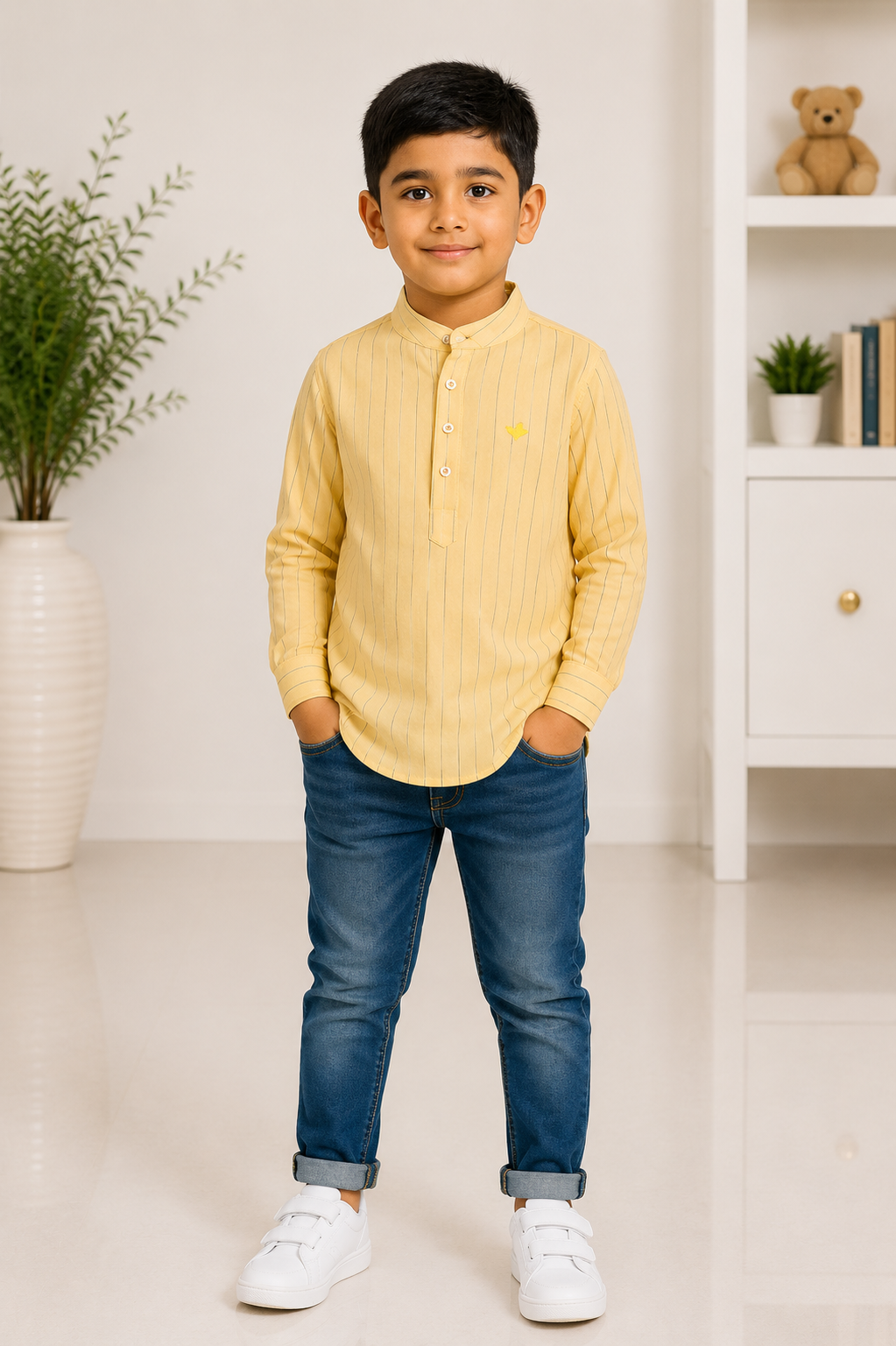 Boys yellow striped mandarin collar cotton shirt
