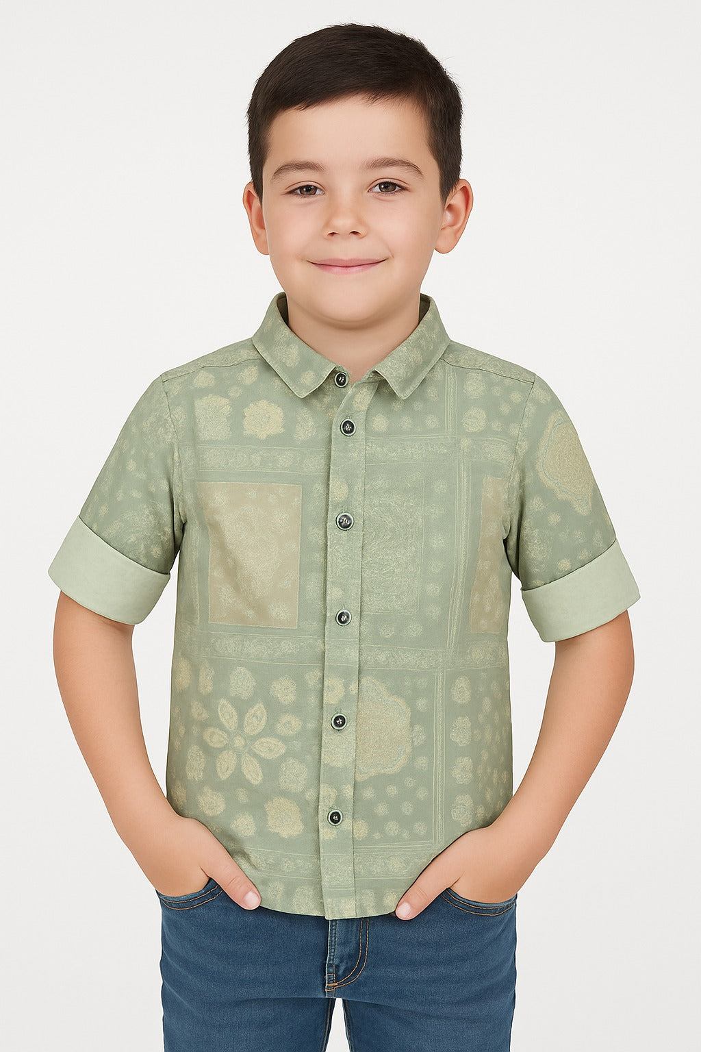 Boys Green Printed Half Sleeve Shirt Stylish Casual and Party Wear Shirt - Inayah Fashion