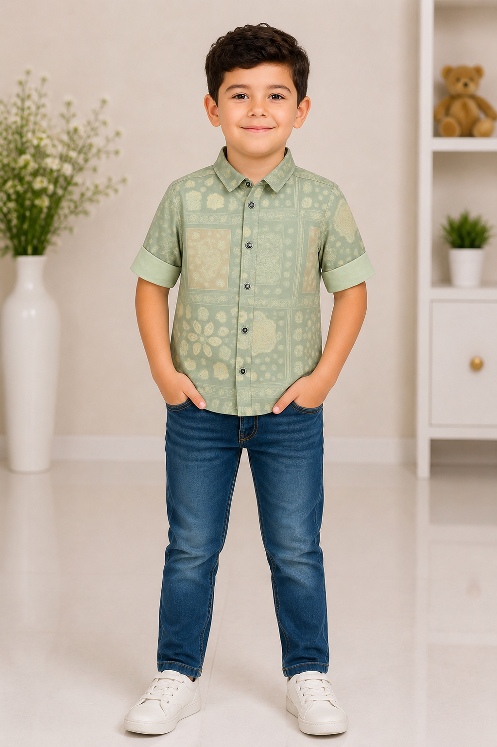 Boys green printed half-sleeve casual shirt