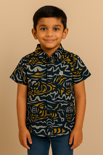 Navy Blue & Mustard Abstract Printed Short-Sleeve Shirt for Boys