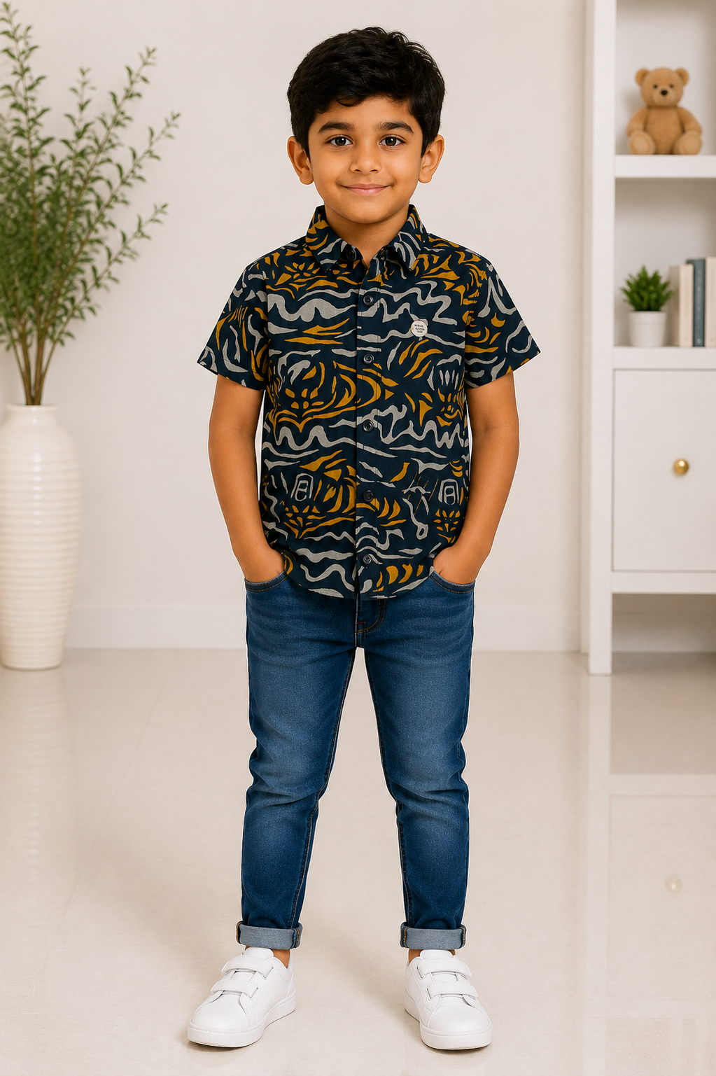 Boys navy blue and mustard abstract print short-sleeve shirt