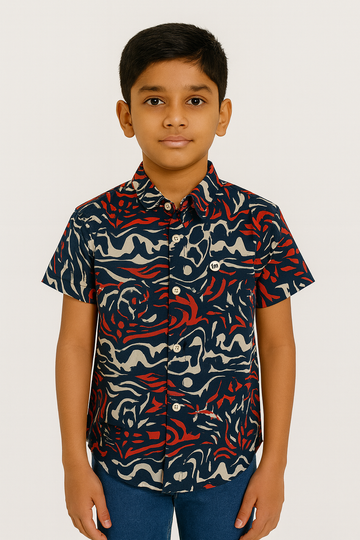 Navy Blue & Red Abstract Printed Short-Sleeve Shirt for Boys
