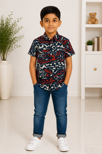 Boys navy blue and red abstract print short-sleeve shirt