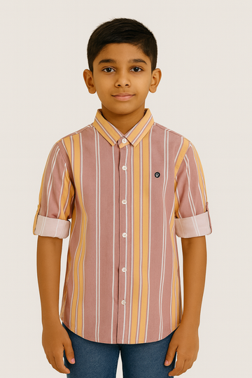Peach & Yellow Striped Cotton Shirt for Boys
