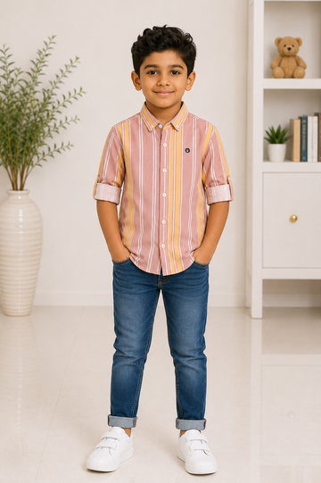 Peach & Yellow Striped Cotton Shirt for Boys