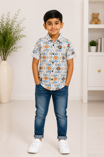 Boys multicolour ikat print short-sleeve cotton shirt