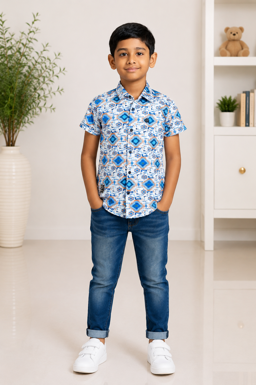 Boys blue and white ikat print short-sleeve cotton shirt