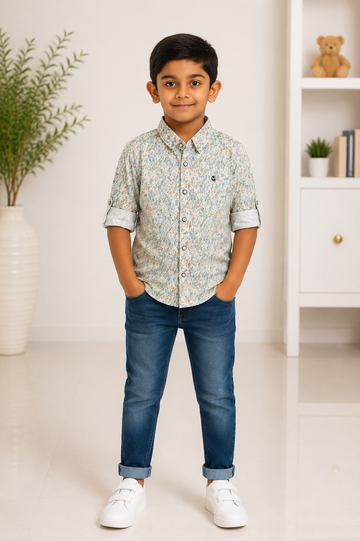 Boys mint green abstract print cotton shirt