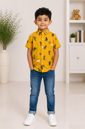 Mustard Yellow Cartoon Bear Printed Short-Sleeve Shirt for Boys