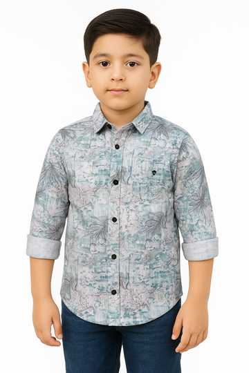 Grey & Teal Floral Printed Full Sleeve Shirt for Boys