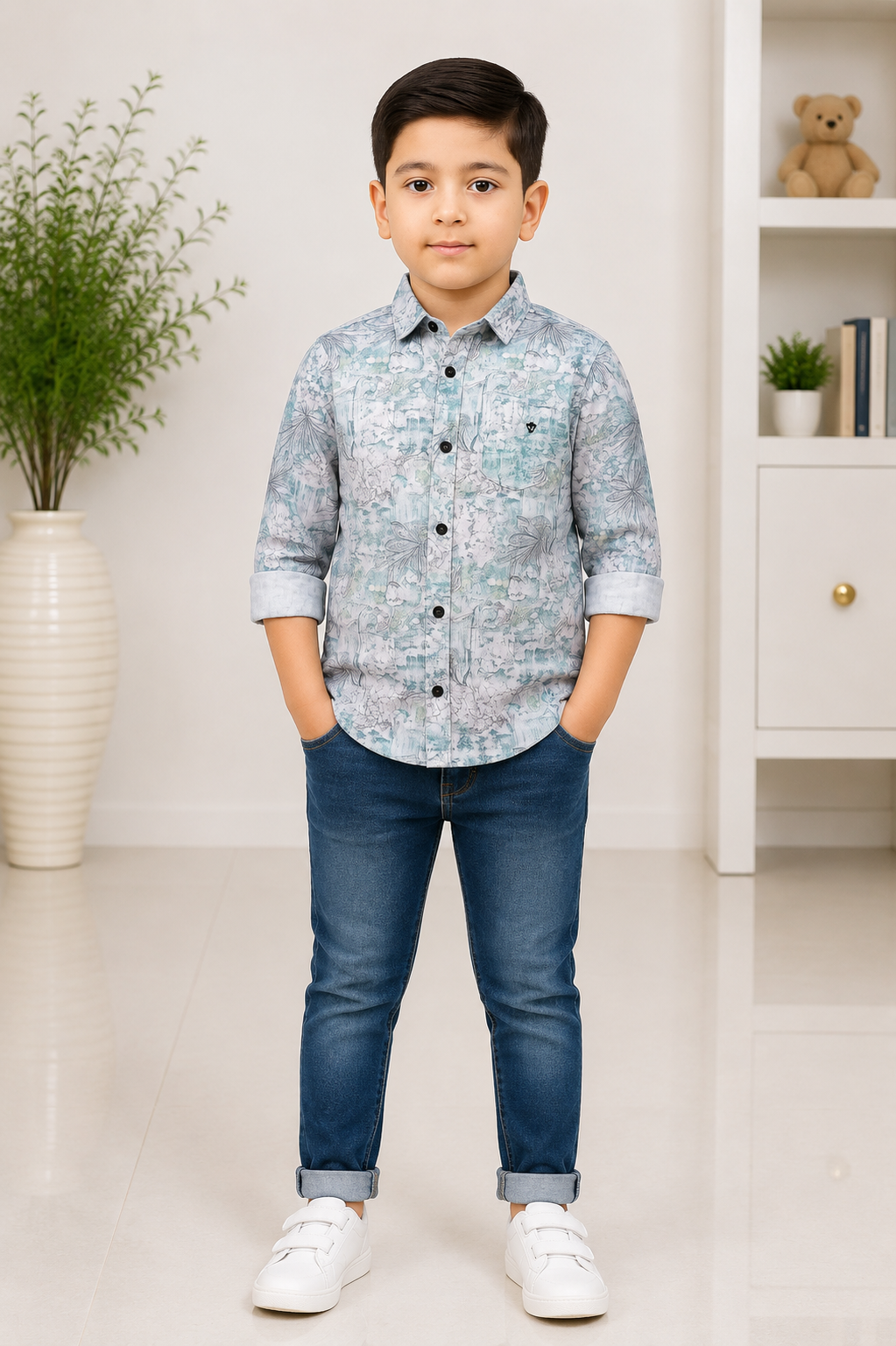 Boys grey and teal floral print full-sleeve cotton shirt