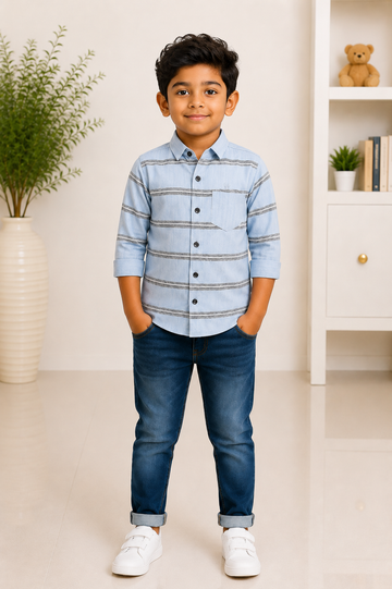 Boys sky blue striped full-sleeve cotton shirt