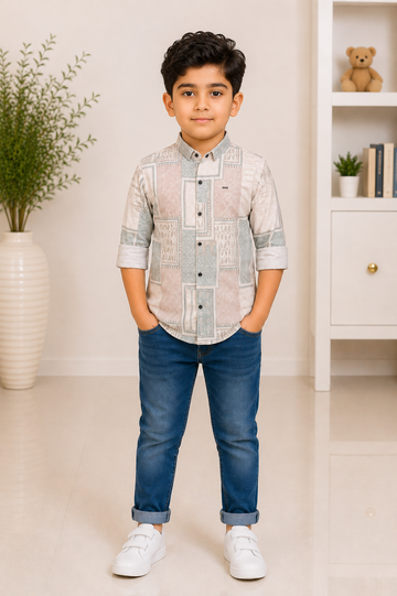 Beige & Aqua Geometric Print Full Sleeve Shirt for Boys