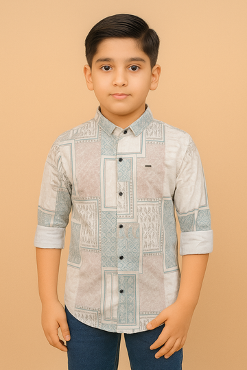Beige & Aqua Geometric Print Full Sleeve Shirt for Boys