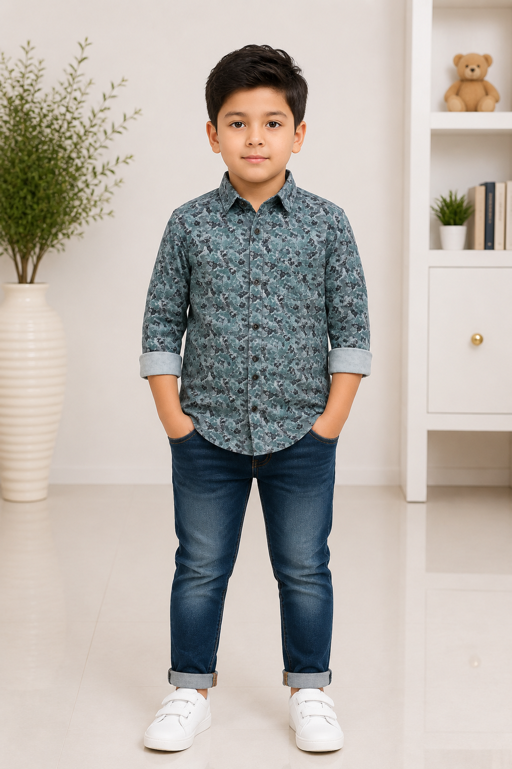 Boys teal textured print full-sleeve cotton shirt