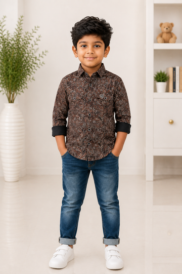 Boys maroon and black paisley print full-sleeve shirt