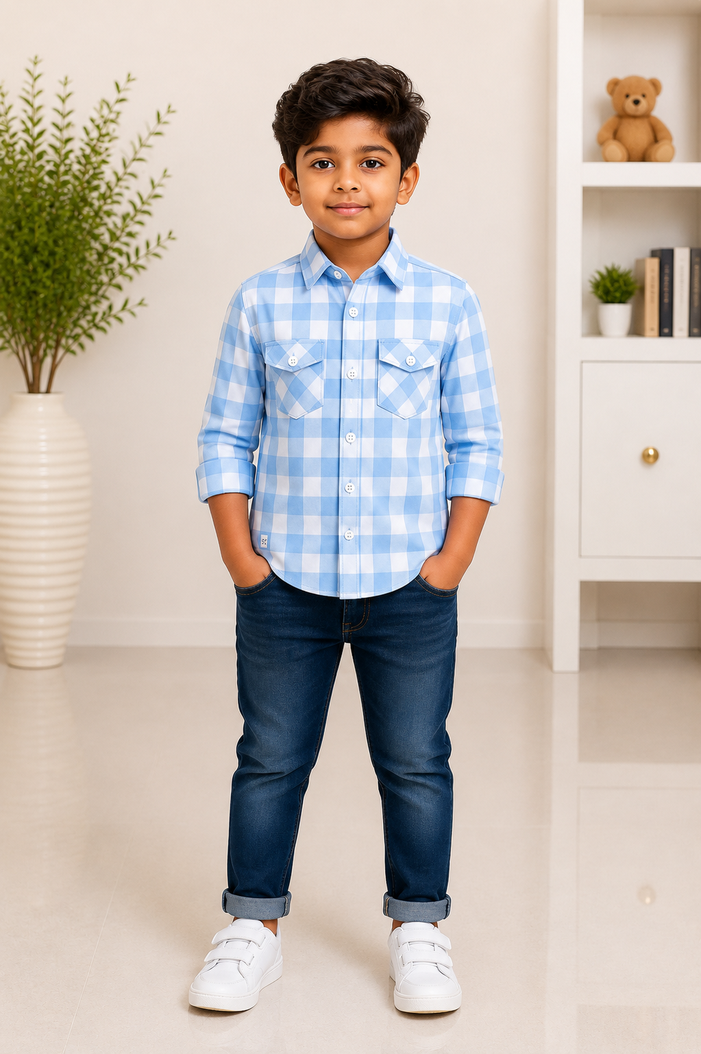 Boys sky blue and white checkered full-sleeve shirt