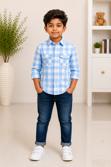 Boys sky blue and white checkered full-sleeve shirt