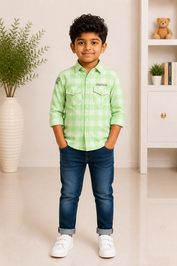 Light Green & White Checkered Full Sleeve Shirt for Boys
