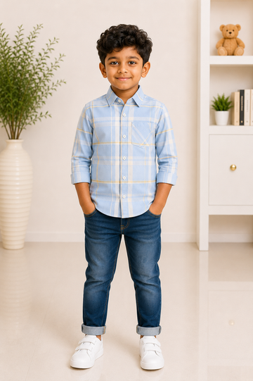 Light Blue & Yellow Checkered Full Sleeve Shirt for Boys