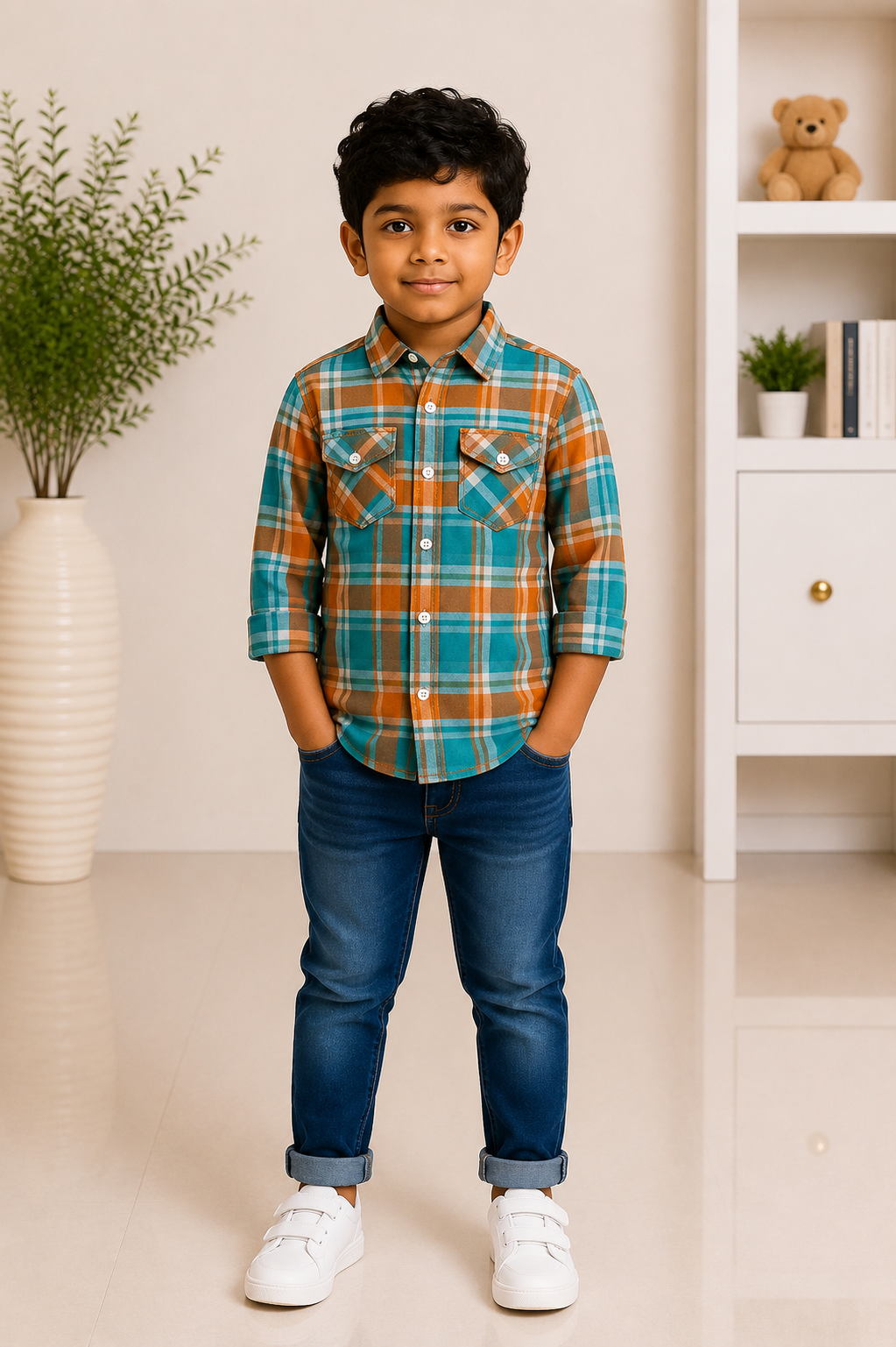 Boys teal and brown checkered casual shirt