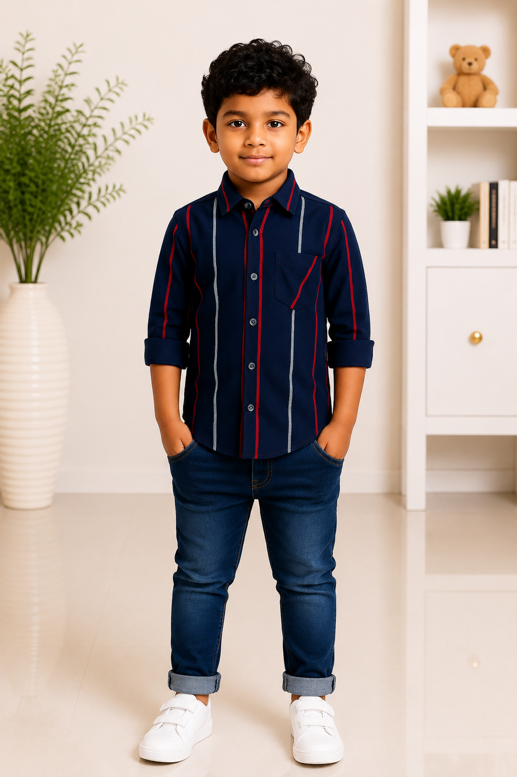 Boys navy blue vertical striped casual shirt