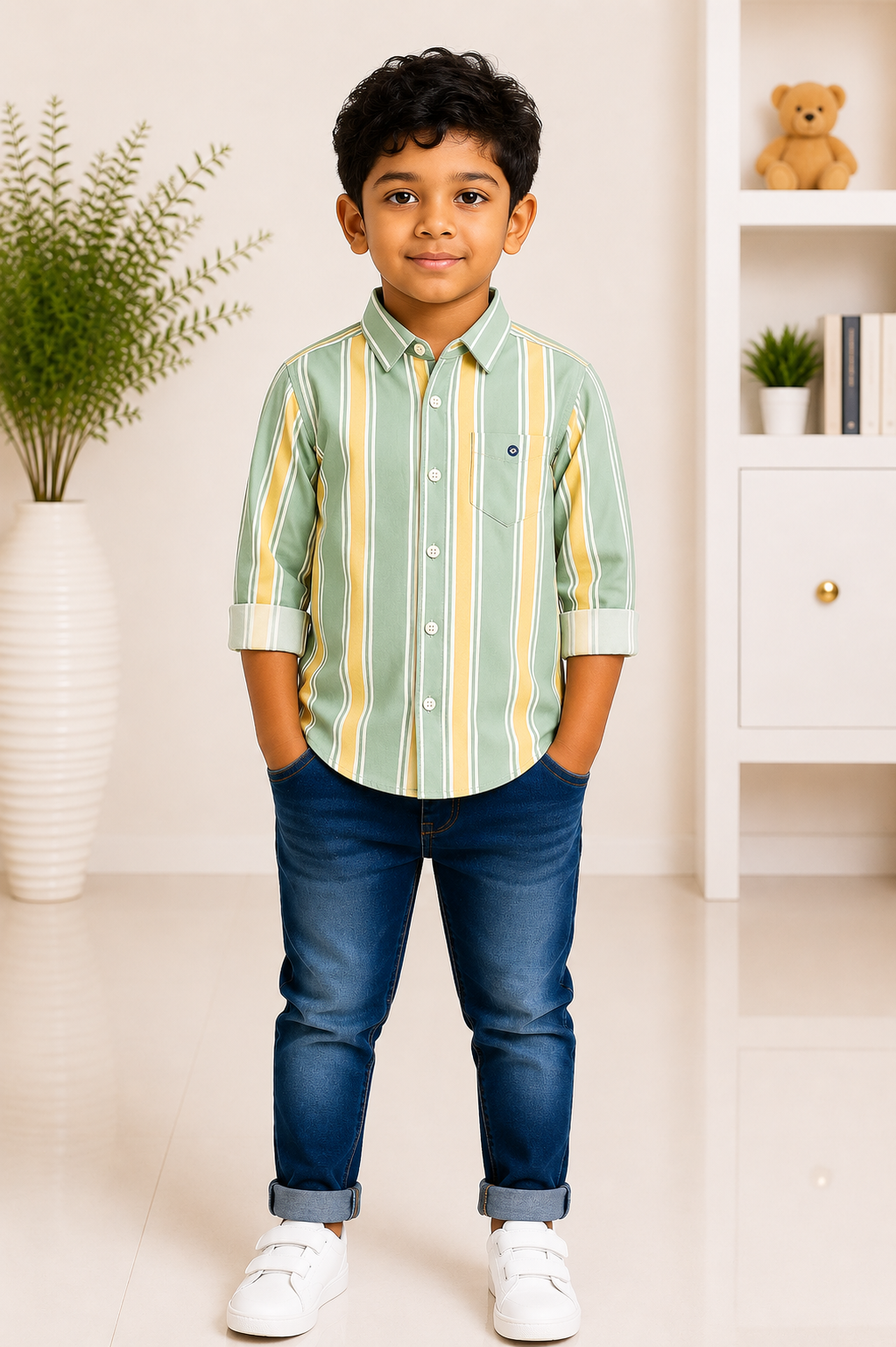 Boys green and yellow vertical striped casual shirt