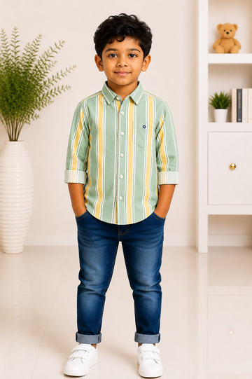 Boys green and yellow vertical striped casual shirt