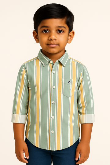 Boys Green & Yellow Vertical Striped Casual Shirt