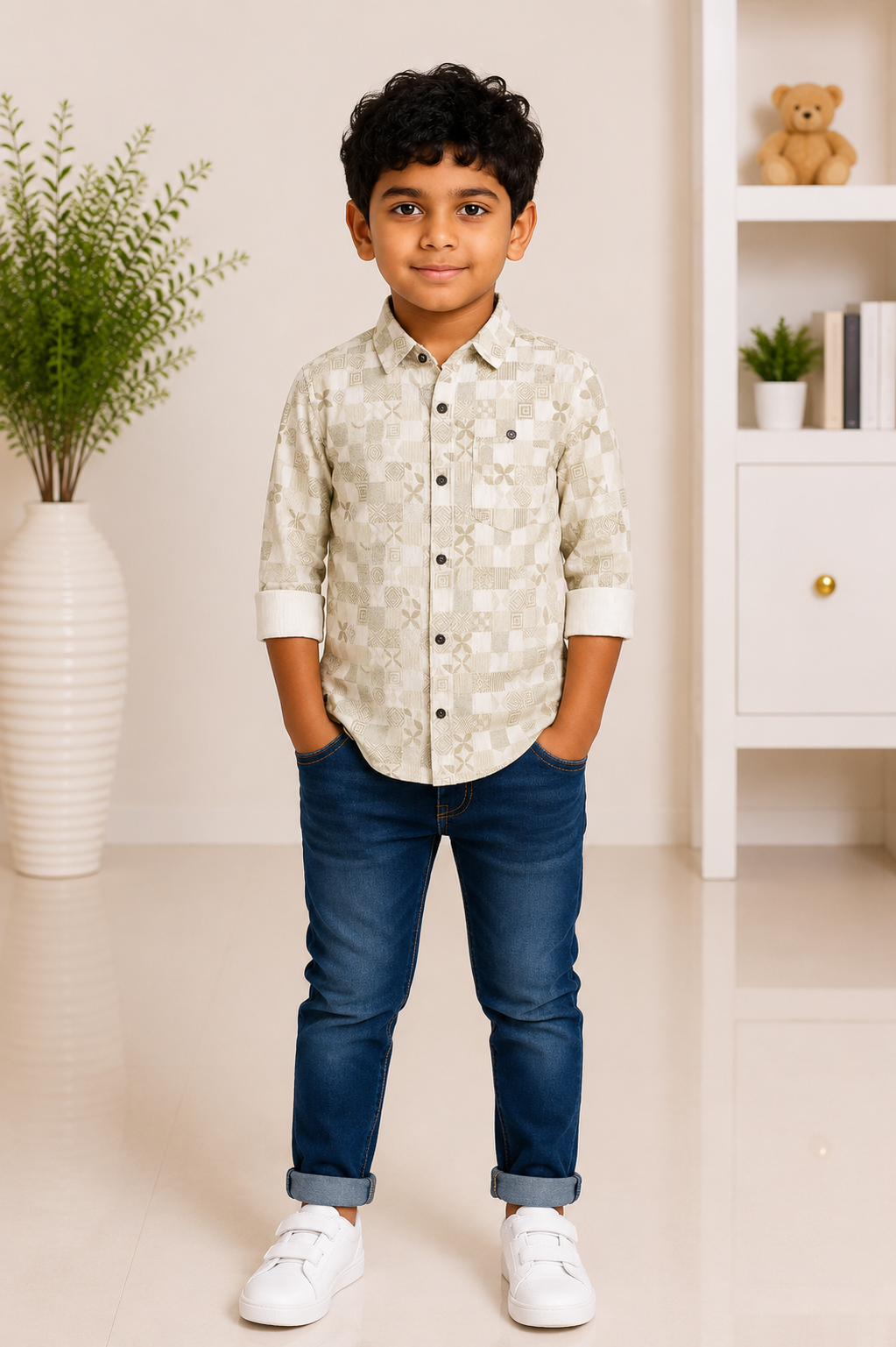 Boys beige printed casual shirt