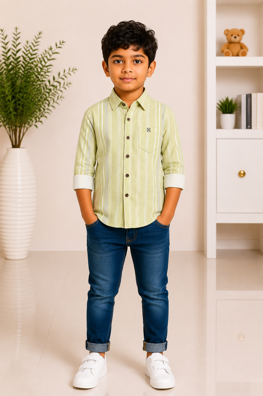 Boys light green striped casual shirt