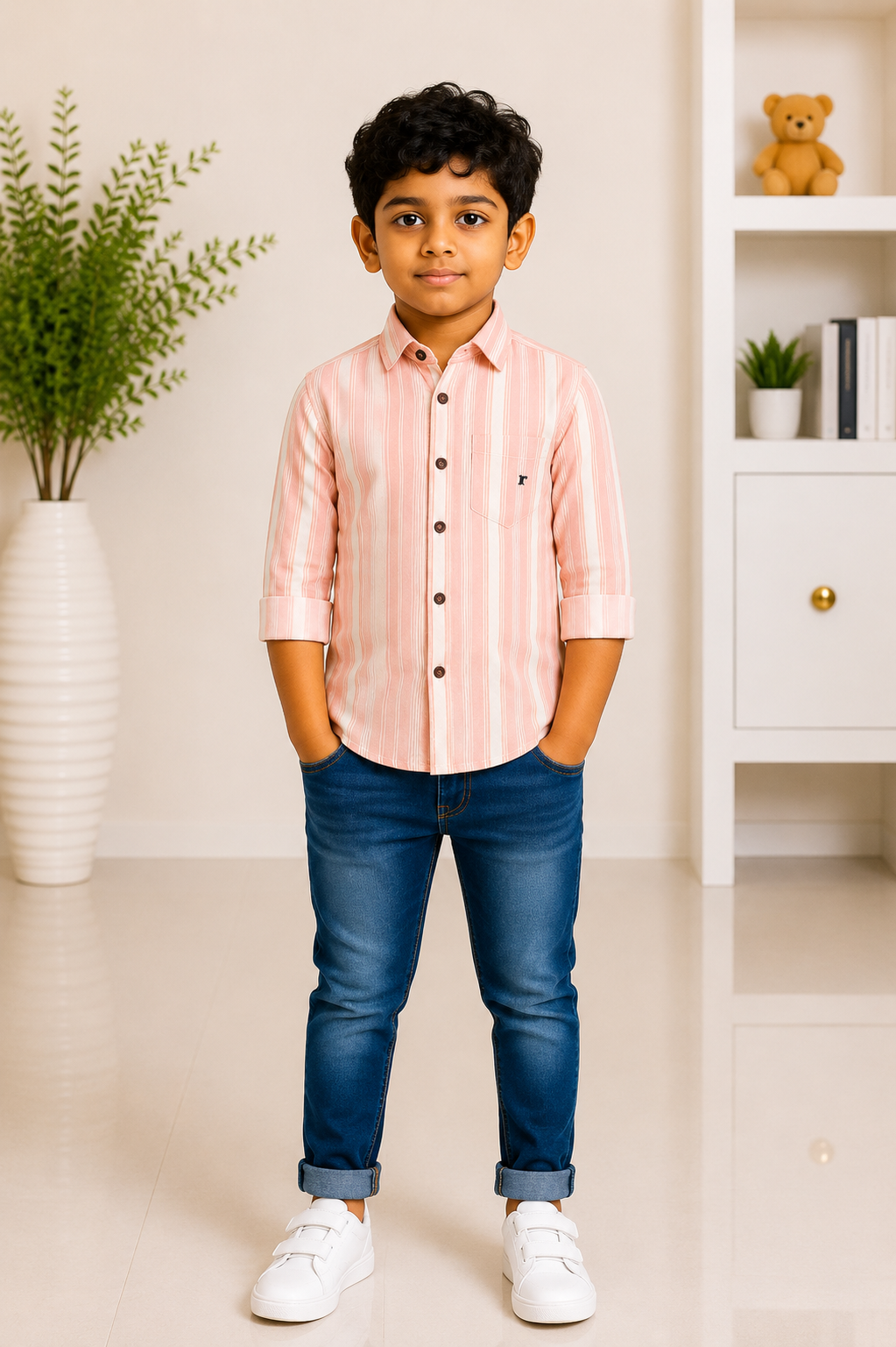 Boys peach and white striped casual shirt