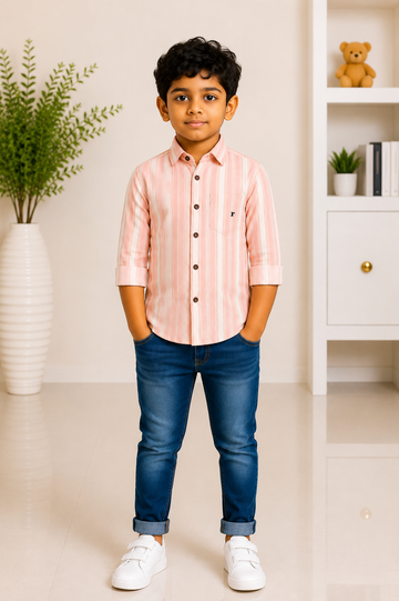Boys peach and white striped casual shirt