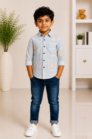 Boys sky blue and beige printed casual shirt