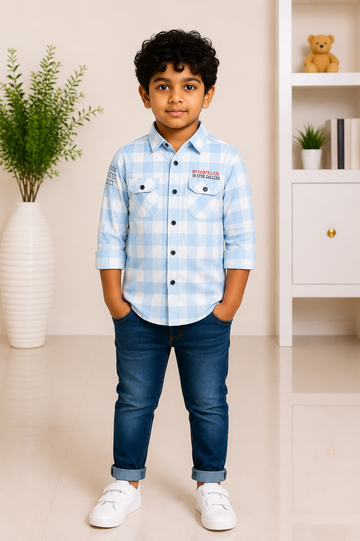 Boys light blue checked casual shirt